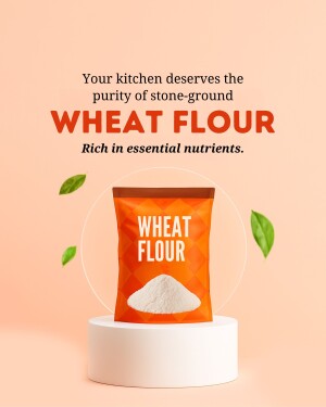 Package of wheat flour on a pedestal with leaves, promoting purity and essential nutrients.