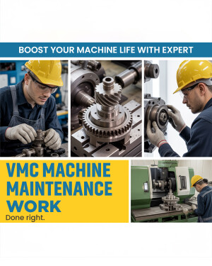 Image showcasing VMC machine maintenance work with engineers and machine parts.