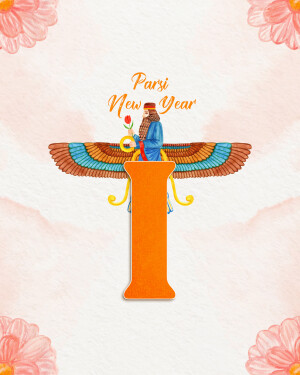 Watercolor illustration of a Parsi man with a Faravahar symbol and flowers, celebrating Nowruz.