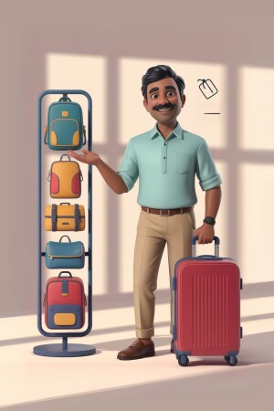 A 3D rendered illustration of a man presenting a variety of travel bags and luggage.