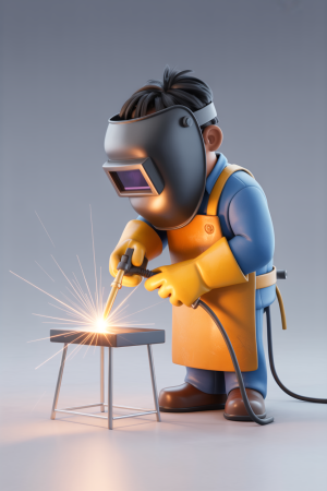 A 3D rendered cartoon illustration of a welder working on a metal object.