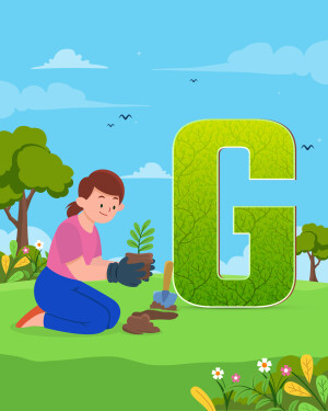 Illustration of a girl planting a seedling next to a large letter G made of leaves.