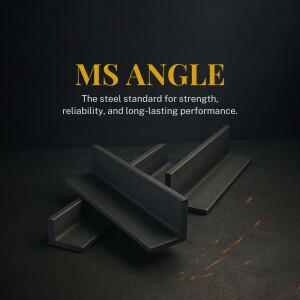 Image of MS Angle steel sections with text highlighting its strength and durability.