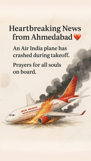 Illustration of an Air India plane crash during takeoff with flames and smoke.