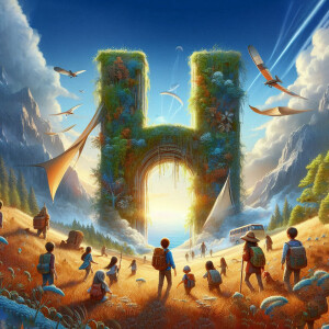 A large letter 'H' formed from lush greenery and plants, resembling an archway or portal, with people walking towards it in a scenic landscape.