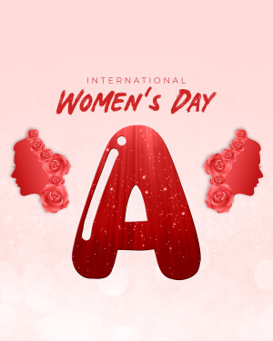 International Women's Day graphic featuring a red letter A with floral silhouettes.