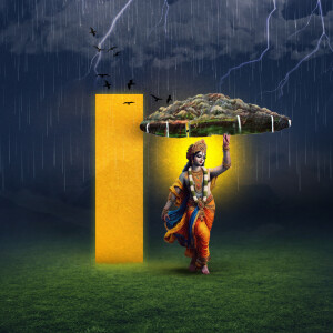 Lord Krishna lifting Govardhan Hill during a storm
