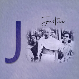 Image depicting Mahatma Gandhi with the letter 'J' for Justice