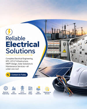Professional electrical engineering services advertisement featuring industrial solar panels and safety equipment.