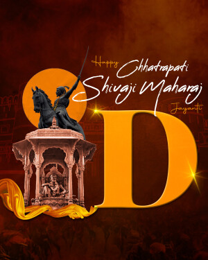 Chhatrapati Shivaji Maharaj on horseback with a fort and a large letter 'D' in the background
