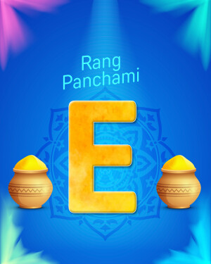 Rang Panchami festival graphic with letter E and colorful pots