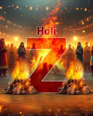 Holi bonfire with the text 'Holi' and a large letter 'Z' in the foreground.