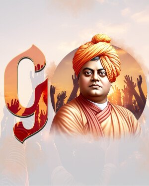 Portrait of Swami Vivekananda with a stylized 'G' symbol and crowd silhouette
