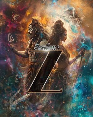 Digital art depicting Lord Shiva and Goddess Parvati with the Zealons logo.