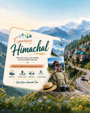 Travel advertisement poster featuring Himachal Pradesh mountains, paragliding, a temple, and travel gear.