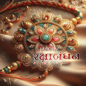 Close-up of an ornate Rakhi with 'Happy Raksha Bandhan' text in Gujarati