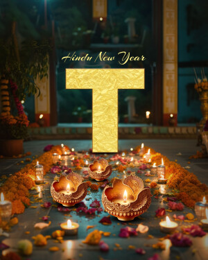 Golden 'T' letter with Diwali lamps and marigold decorations for Hindu New Year