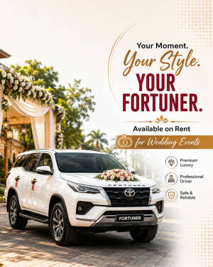 White Toyota Fortuner decorated for a wedding parked in front of a wedding venue.