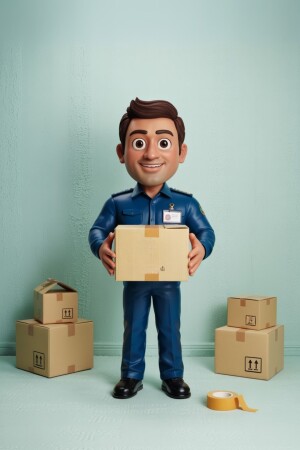 Cartoon illustration of a delivery man holding a cardboard box.