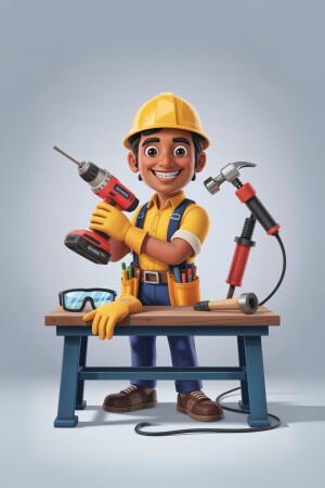 Cartoon illustration of a smiling construction worker with tools.