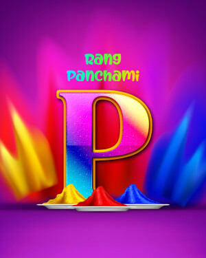 Colorful Rang Panchami graphic with the letter 'P'