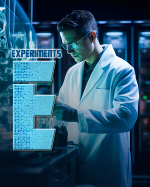 Scientist working in a laboratory with a digital 'E' symbol