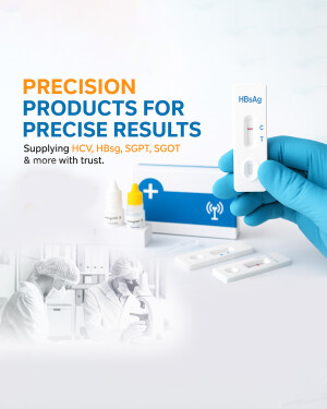 Image of a hand holding a Hepatitis B surface antigen (HBsAg) test kit with other diagnostic testing supplies and a blurred laboratory background.