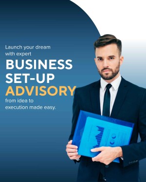 Man in a suit holding a folder with business charts, promoting business setup advisory services.
