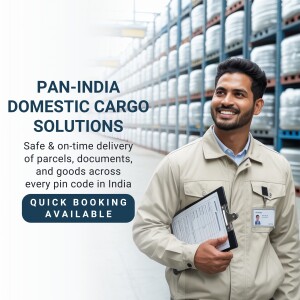 Delivery man with clipboard in front of warehouse shelves