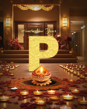 Golden 'P' with Diya and decorations for Hindu New Year
