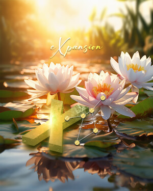 Lotus flowers and a golden cross floating on water with the word 'Expansion' overlaid.