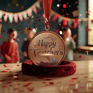 A gold medal with 'Happy Teacher's Day' inscribed on it, resting on a red cushion with confetti and blurred children in the background.