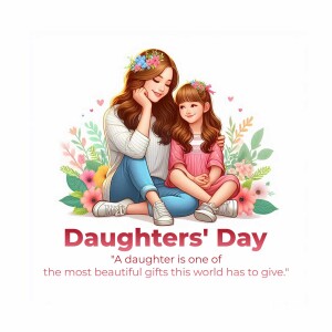 Illustration of a mother and daughter embracing, with floral decorations and text 'Daughters' Day'