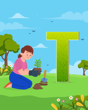 Illustration of a girl planting a seedling next to a large letter 'T' made of leaves.