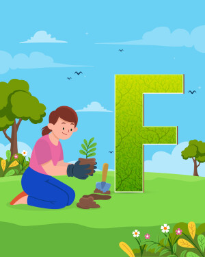 Illustration of the letter F made of leaves with a girl planting a seedling.