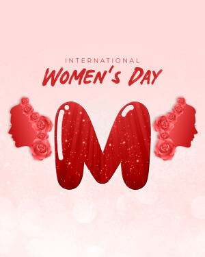 International Women's Day graphic with a red letter M and floral silhouettes