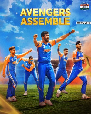Indian cricket team celebrating a victory, styled with the Avengers Assemble theme.