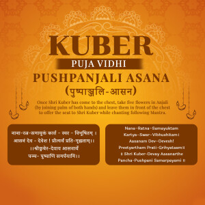 Image depicting Kuber Puja Vidhi with Pushpanjali Asana instructions and mantras.