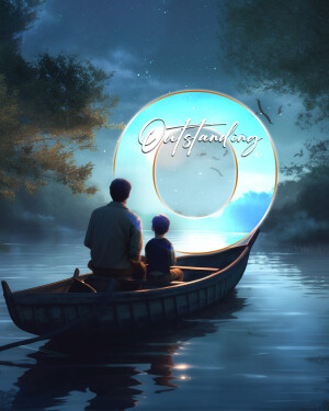 Father and son looking at a glowing orb in a boat