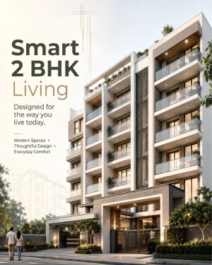 A modern residential building advertisement for a smart 2 BHK living space with a couple walking in the foreground.