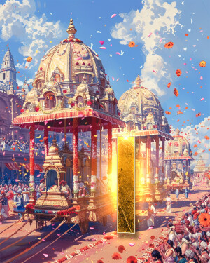 A vibrant illustration of a procession in front of the Mysore Palace, India.