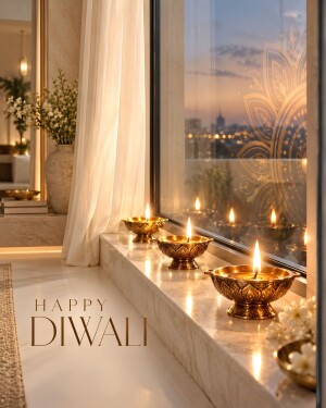 Happy Diwali Lit Diyas On Windowsill Template For WhatsApp