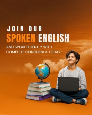 A young student with a laptop and globe promoting a spoken English course.