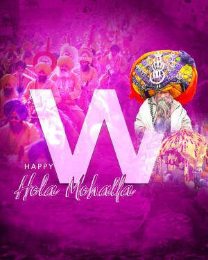 Image depicting a festive Hola Mohalla celebration with a large 'W' and traditional Sikh attire.