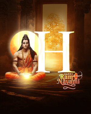 Image depicting Lord Rama in meditation with a large 'H' and 'Happy Ram Navami' text.