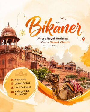 Bikaner travel poster featuring Junagarh Fort and a camel representing royal heritage and desert charm