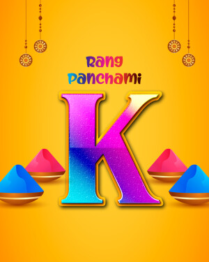 Colorful Rang Panchami graphic with the letter K