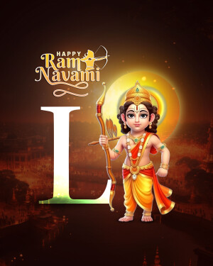 Illustration of Lord Rama as a child holding a bow and arrow with 'Happy Ram Navami' text.