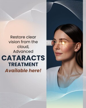 Woman's face with a focus on her eye and text promoting cataracts treatment.