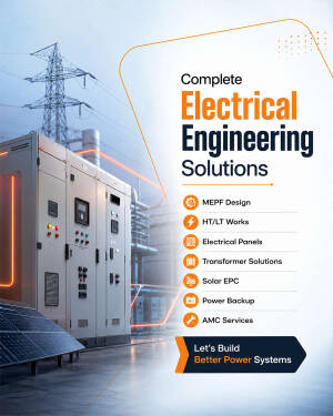 Professional electrical engineering solutions advertisement showing a transformer substation, solar panels, and electrical control panels.